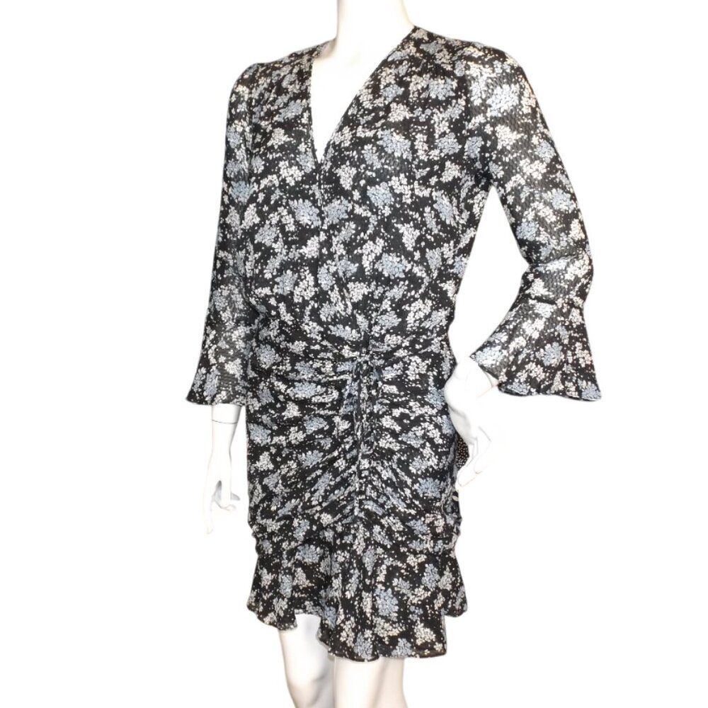 VERONICA BEARD Silk Dress, 6, Black/Floral, Semi-sheer, Mini/Short, 3/4 sleeves - Picture 4 of 15